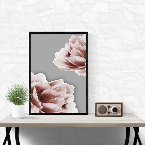Quadro Rosas Rosa Fundo Cinza 33x24cm - Com Vidro Moldura Bra