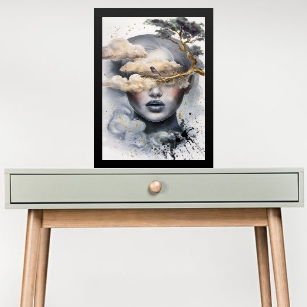 Quadro Rosto De Mulher Com Paisagem 33x24cm Moldura Branca