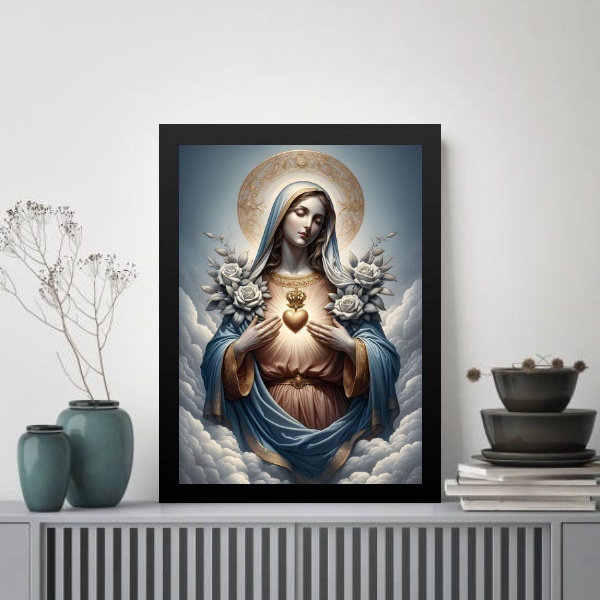 Quadro Sacro Heart Of Maria 45x34cm - Com Vidro Moldura Preta