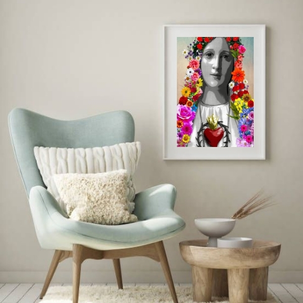 Quadro Sagrado Coração De Maria Com Flores - 60x48cm Moldura: