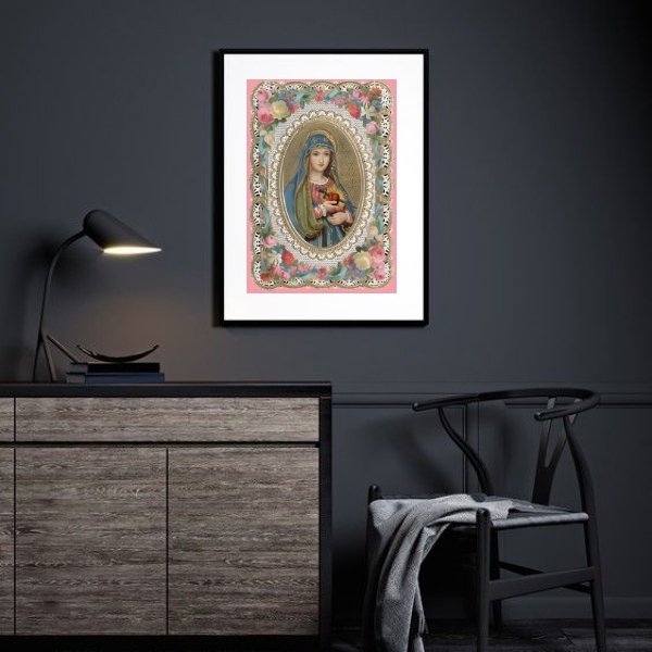 Quadro Sagrado Coração De Maria Floral Vintage - 60x48cm Mold