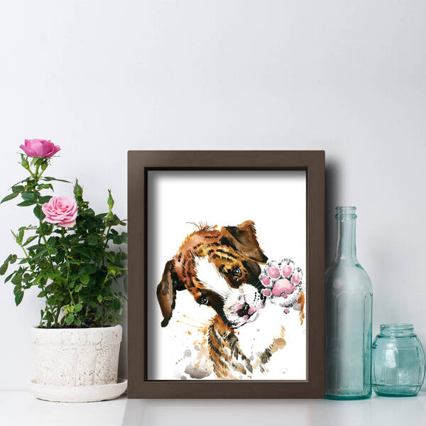 Quadro Sala Cachorro Aquarela 22x32cm Moldura Marrom