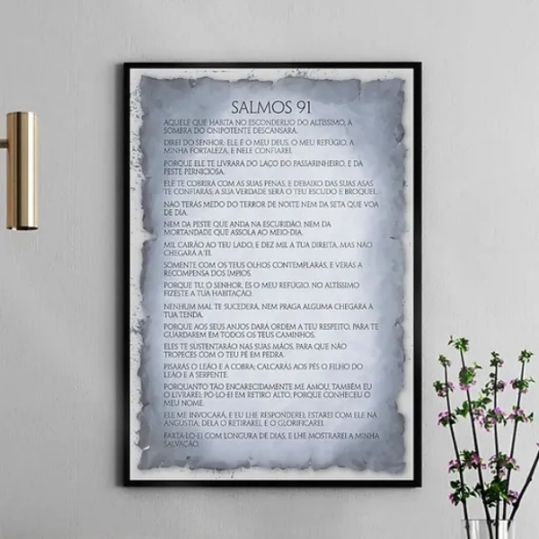 Quadro Salmo 91 - Papiro Cinza 33x24cm - Com Vidro Moldura Pr