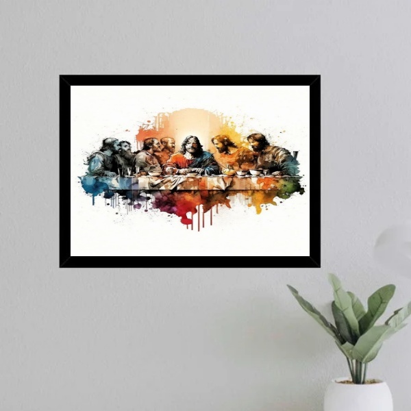 Quadro Santa Ceia Moderna - Aquarela 33x24cm - Com Vidro Mold