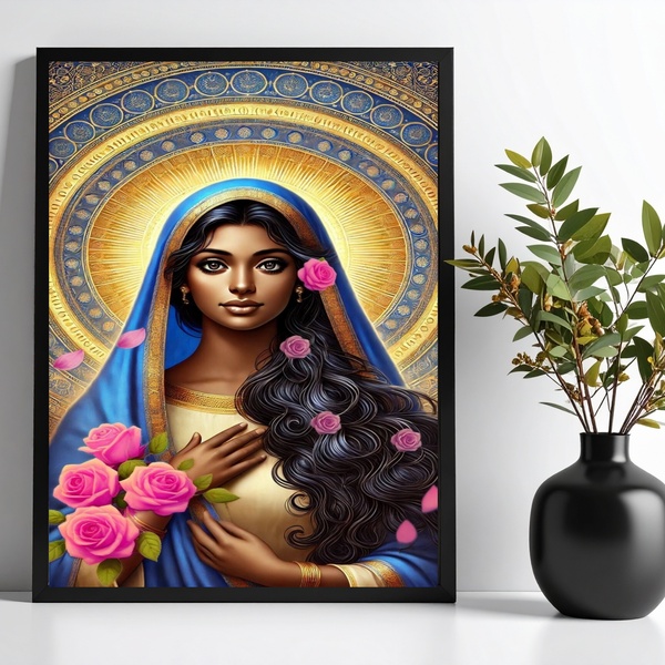 Quadro Santa Sara Kali - Flores Rosas 45x34cm Moldura Preta