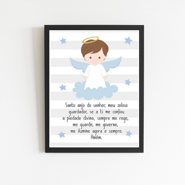 Quadro Santo Anjo Anjinho Menino 45x34cm - Com Vidro Moldura: