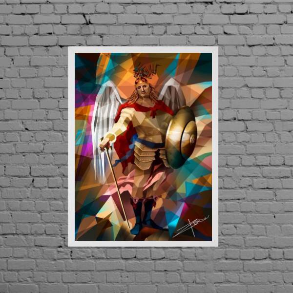 Quadro São Miguel Arcanjo Geométrico 33x24cm - Com Vidro Mold