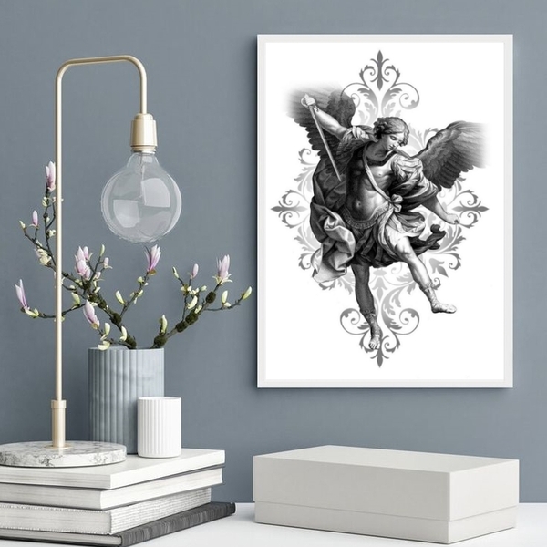 Quadro São Miguel Arcanjo Preto E Branco 24x18cm - Com Vidro