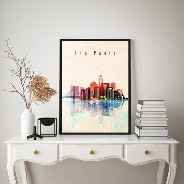 Quadro São Paulo City - Aquarela 24x18cm Moldura Preta