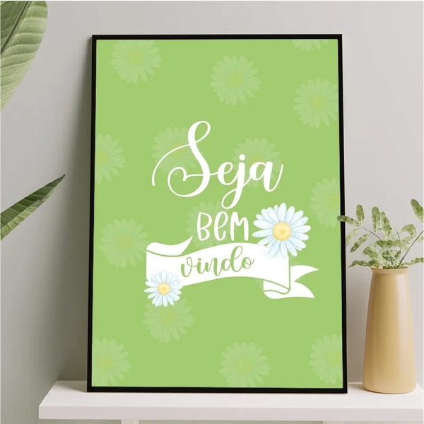 Quadro Seja Bem Vindo - Margaridas 33x24cm - Com Vidro Moldur