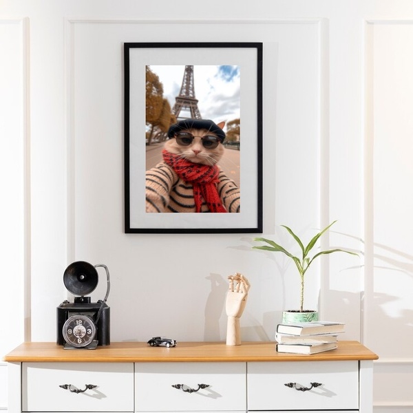 Quadro Selfie Gato Em Paris - 60x48cm Moldura Branca