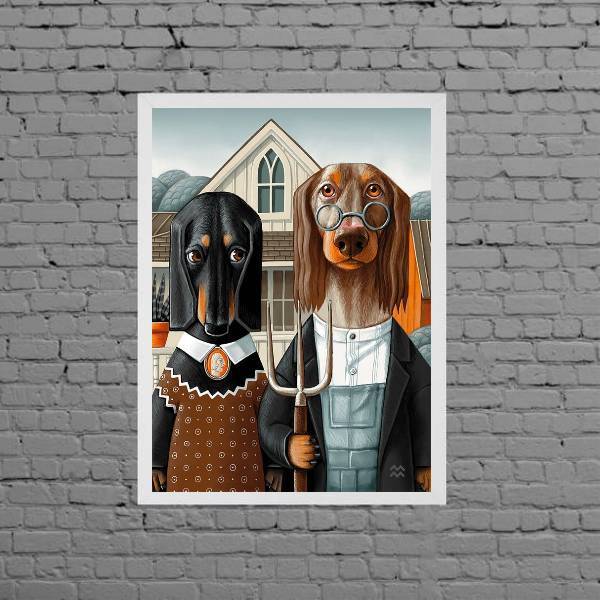 Quadro Senhor E Senhora Dachshund 33x24cm - Com Vidro Moldura