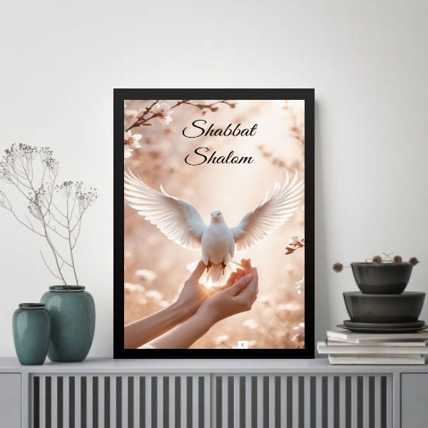Quadro Shabbat Shalom - Pomba 24x18cm - Com Vidro Moldura Bra