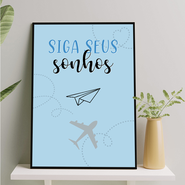 Quadro Siga Seus Sonhos Avião Azul 24x18cm - Com Vidro Moldur