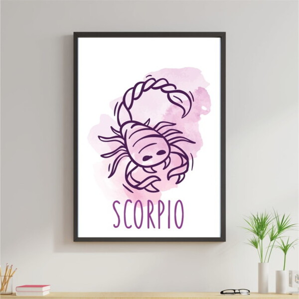 Quadro Signos Aquarela - Escorpião 45x34cm - Com Vidro Moldur