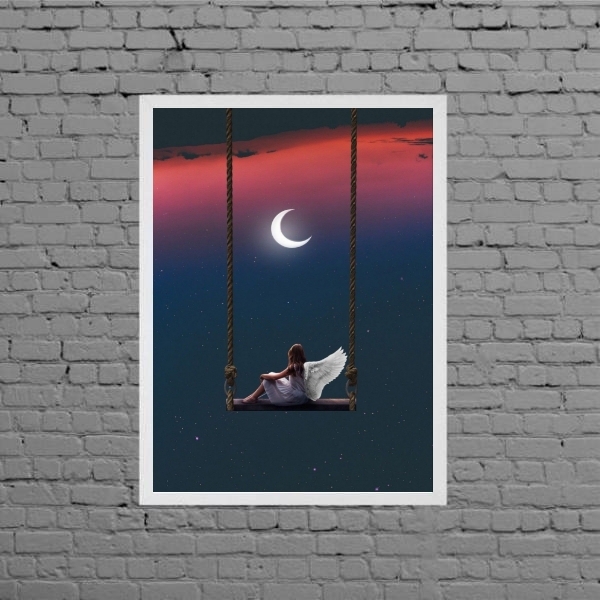 Quadro Surrealista Menina Anjo Com Lua 33x24cm - Com Vidro Mo