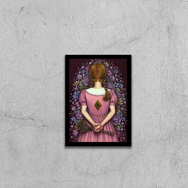 Quadro Surrealista Menina Com Chave 24x18cm - Com Vidro Moldu