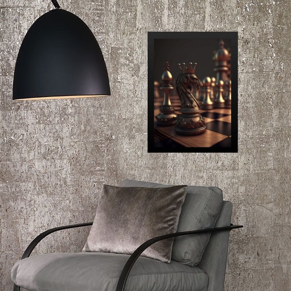 Quadro Tabuleiro Xadrez- Cavalo 24x18cm Moldura:madeira Preta