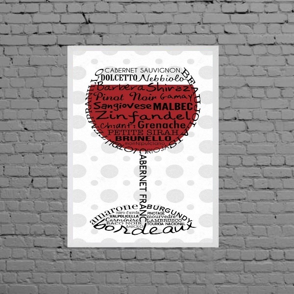 Quadro Taça De Vinho Nomes Uvas 24x18cm Moldura:madeira Branca