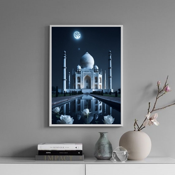 Quadro Taj Mahal - Noite Lua Cheia 33x24cm Moldura:madeira Pr