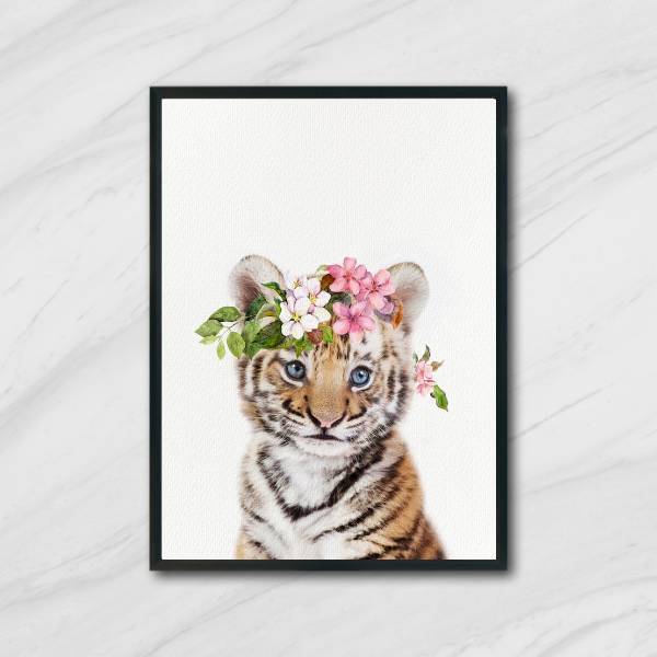 Quadro Tigrinho Coroa De Flores 24x18cm - Com Vidro Moldura:m