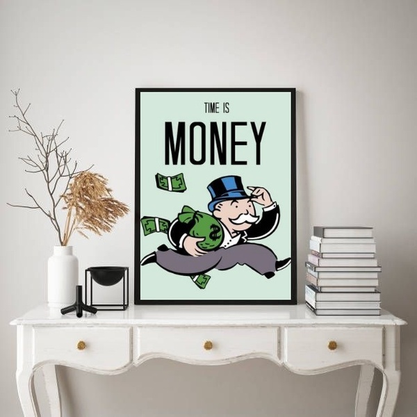 Quadro Time Is Money – Sr. Monopoly 45x34cm - Com Vidro Moldu