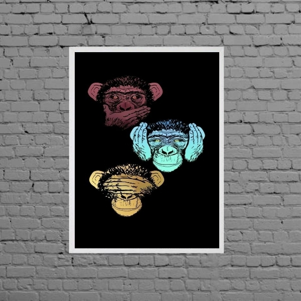 Quadro Três Macacos Sábios 45x34cm Moldura:madeira Preta