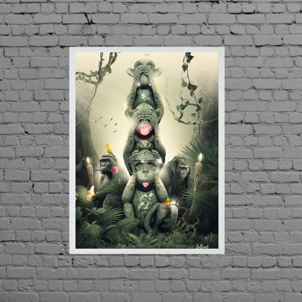 Quadro Três Macacos Sábios Modernos 45x34cm - Com Vidro Moldu