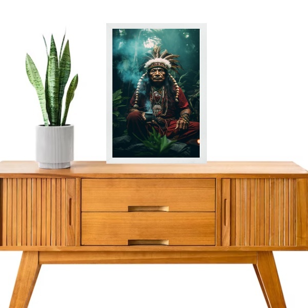 Quadro Umbanda Caboclo Tupã 33x24cm Moldura Branca