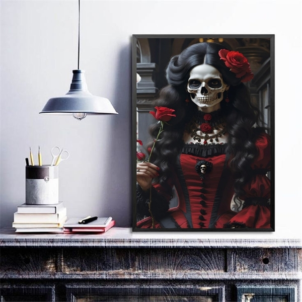 Quadro Umbanda Rosa Caveira - Pombagira 24x18cm Moldura Branca