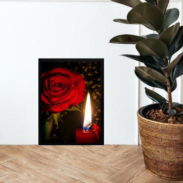 Quadro Umbanda Rosa E Vela Vermelha 45x34cm Moldura:madeira P