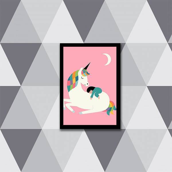 Quadro Unicórnio Lua 24x18cm Moldura:madeira Preta