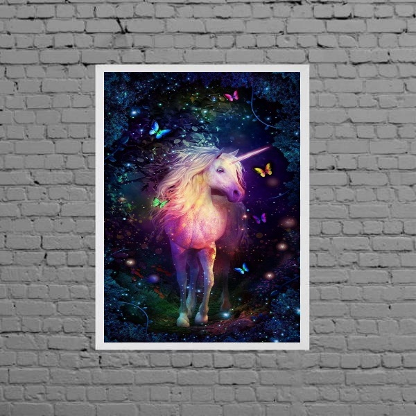 Quadro Unicórnio Mágico Com Borboletas 33x24cm Moldura:madeir