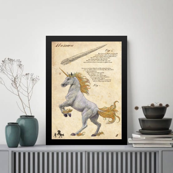 Quadro Unicórnio Vintage 45x34cm Moldura Preta