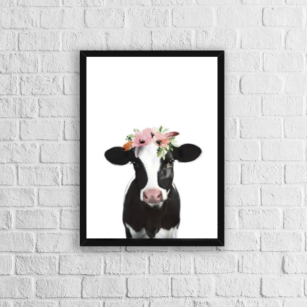 Quadro Vaca Flores 45x34cm - Com Vidro Moldura:madeira Branca