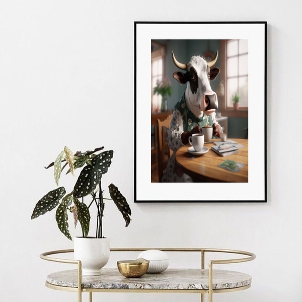 Quadro Vaca Tomando Café - 60x48cm Moldura Preta