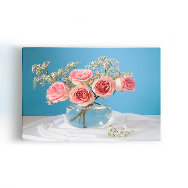 Quadro Vaso De Rosas Azul Decorativo Canvas 120x80cm