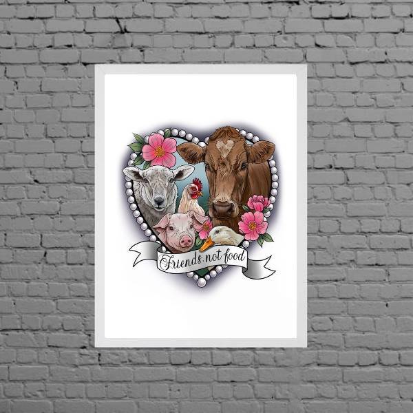 Quadro Vegetariano Friends Not Food 45x34cm - Com Vidro Moldu