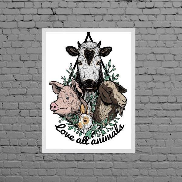 Quadro Vegetariano Love All Animals 33x24cm - Com Vidro Moldu