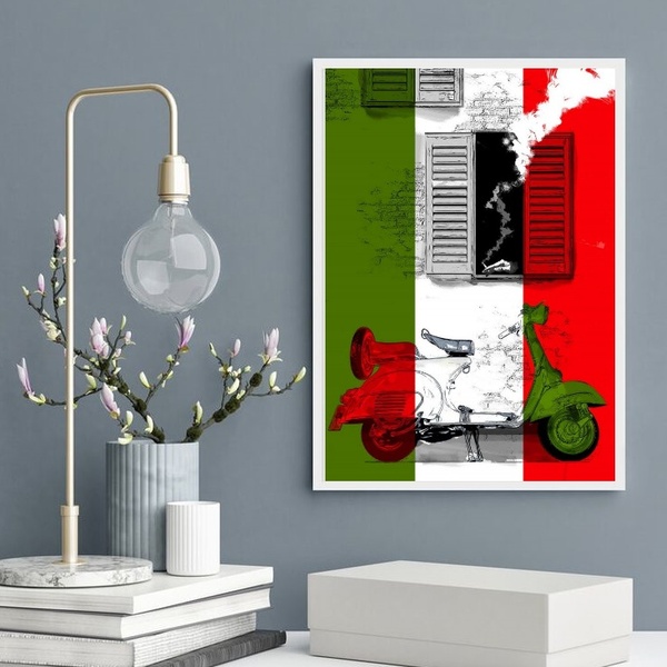 Quadro Vespa - Bandeira Itália 24x18cm - Com Vidro Moldura:ma