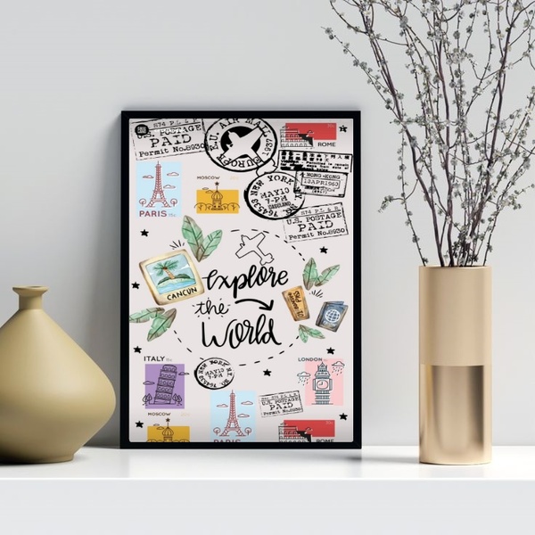 Quadro Viagem - Explore O Mundo 24x18cm Moldura Preta