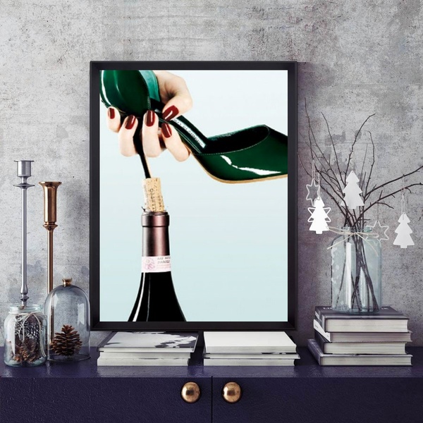 Quadro Vinho - Sapato Salto Saca Rolha 45x34cm - Com Vidro Mo