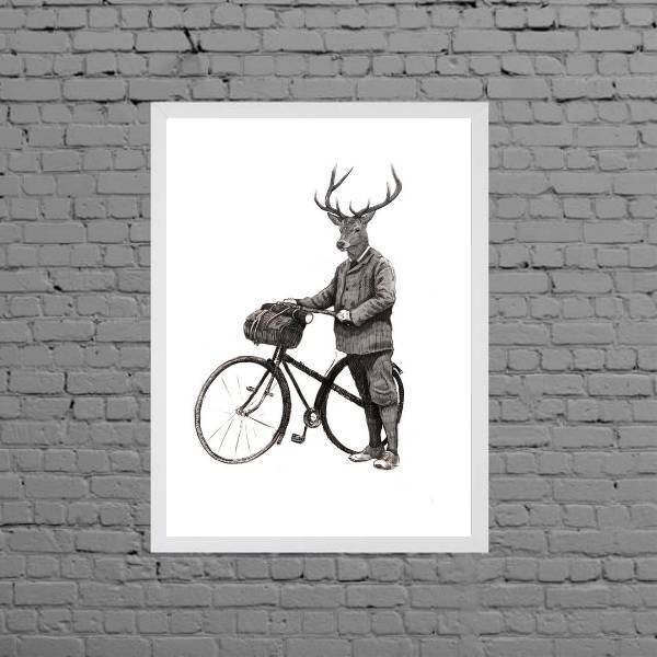 Quadro Vintage Alce Com Bicicleta 24x18cm - Com Vidro Moldura