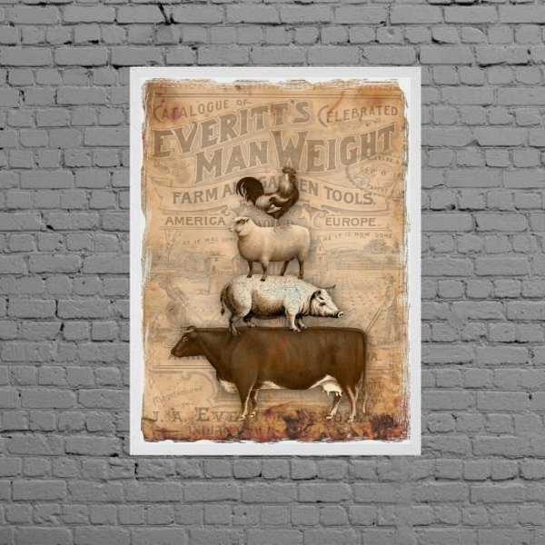 Quadro Vintage Animais Fazenda 45x34cm - Com Vidro Moldura:ma