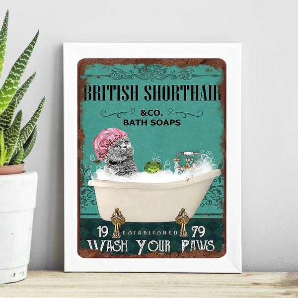 Quadro Vintage Banheiro Gato 24x18cm Moldura:madeira Preta