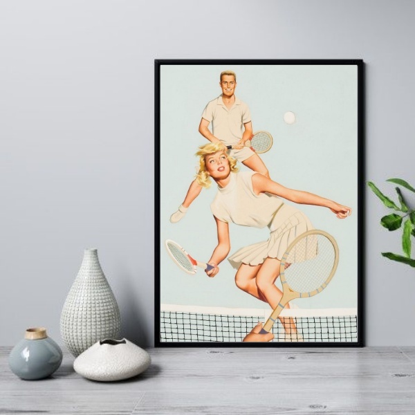 Quadro Vintage Casal Jogando Tênis 24x18cm - Com Vidro Moldur