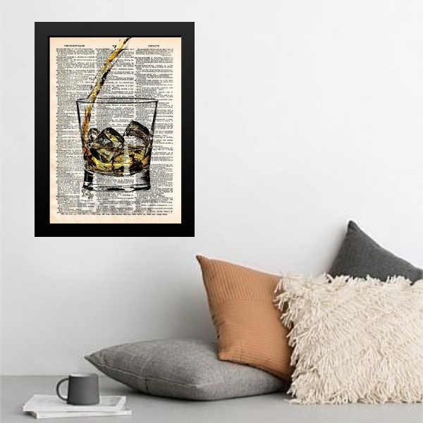 Quadro Vintage Copo De Whisky 45x34cm Moldura:madeira Preta