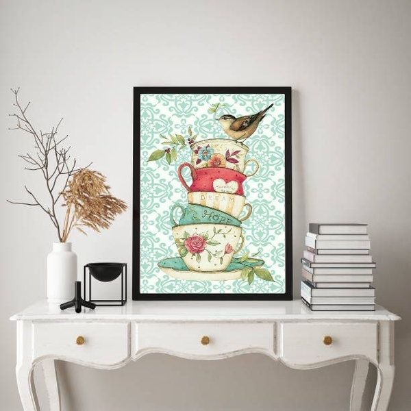 Quadro Vintage Cozinha Xícaras Com Passarinho 45x34cm Moldura