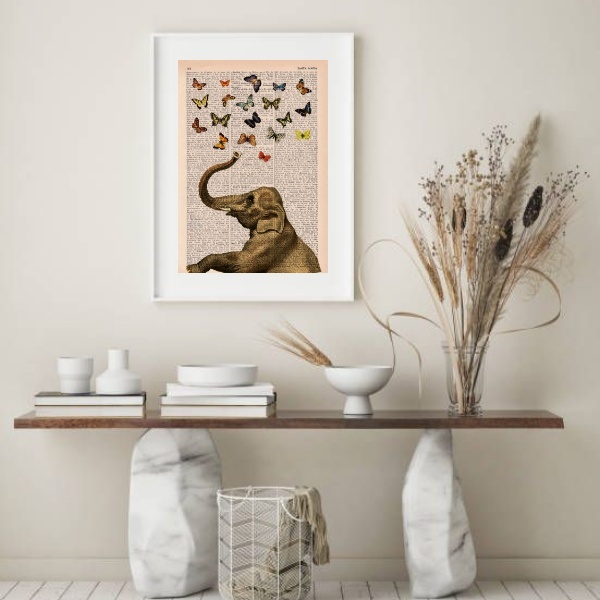 Quadro Vintage Elefante E Borboletas - 60x48 cm Moldura:madei