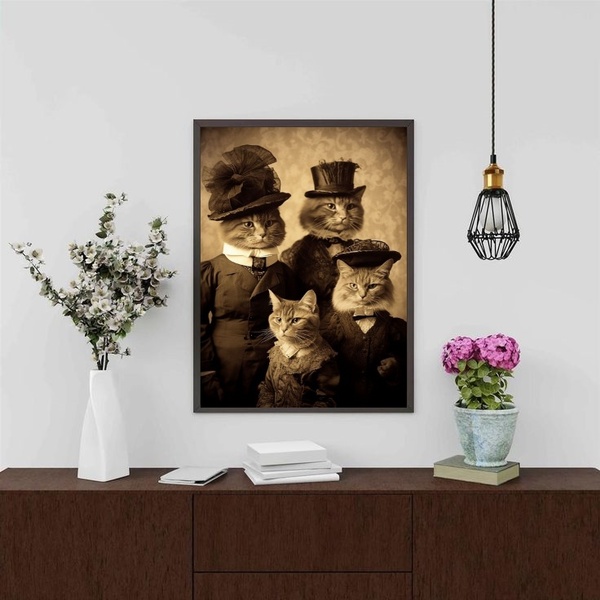 Quadro Vintage Foto Família Gato 33x24cm - Com Vidro Moldura